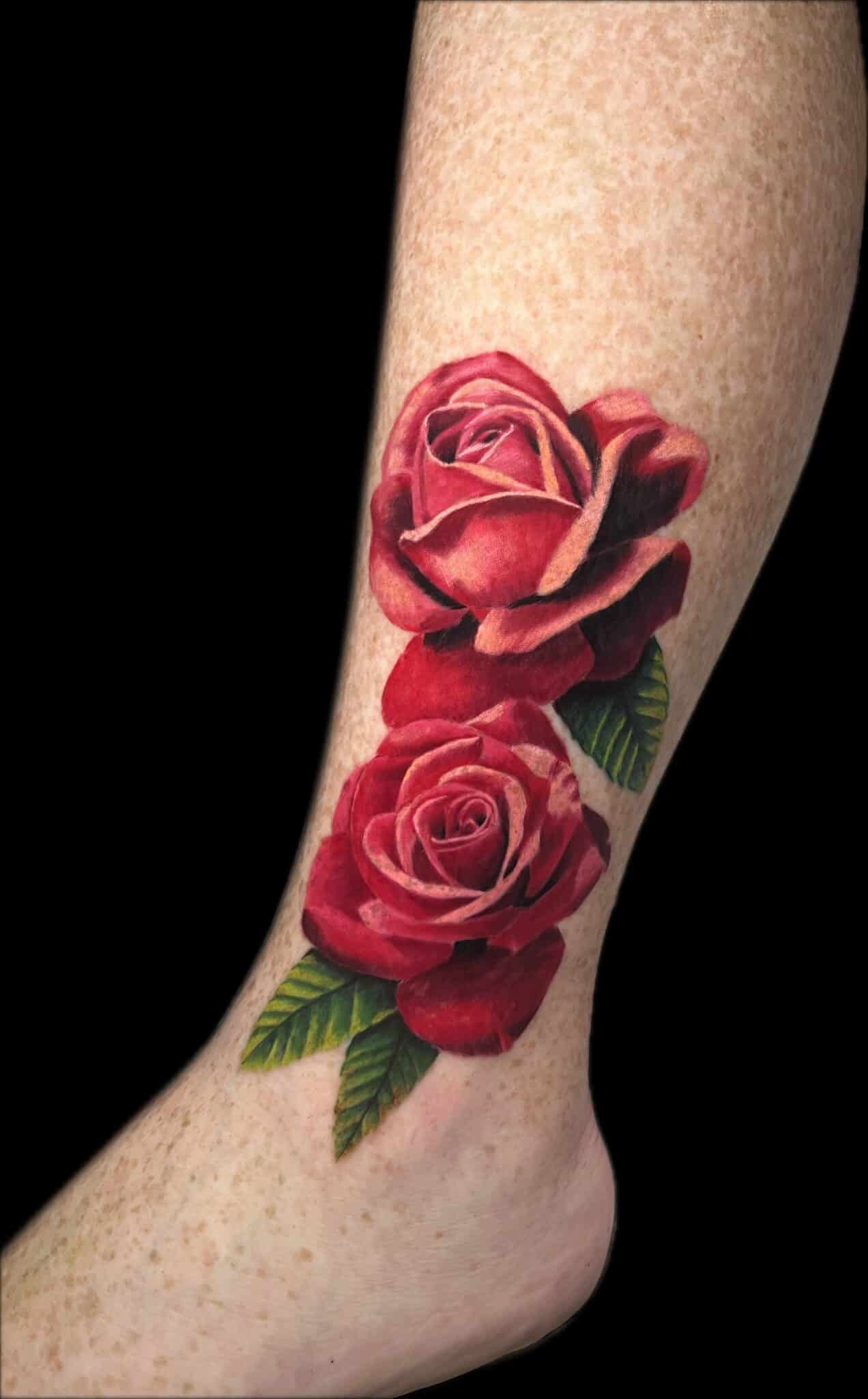 color photorealistic roses tattoo on ankle
