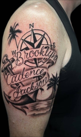 anchor and lettering tattoo, Steve Rivas, artist at Revolt Tattoos