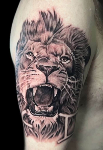 black and grey lion tattoo