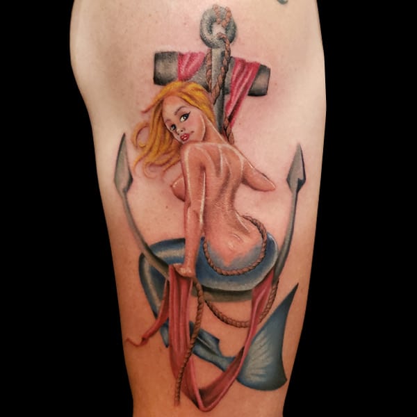 pinup anchor tattoo,Steve Rivas, artist at Revolt Tattoos