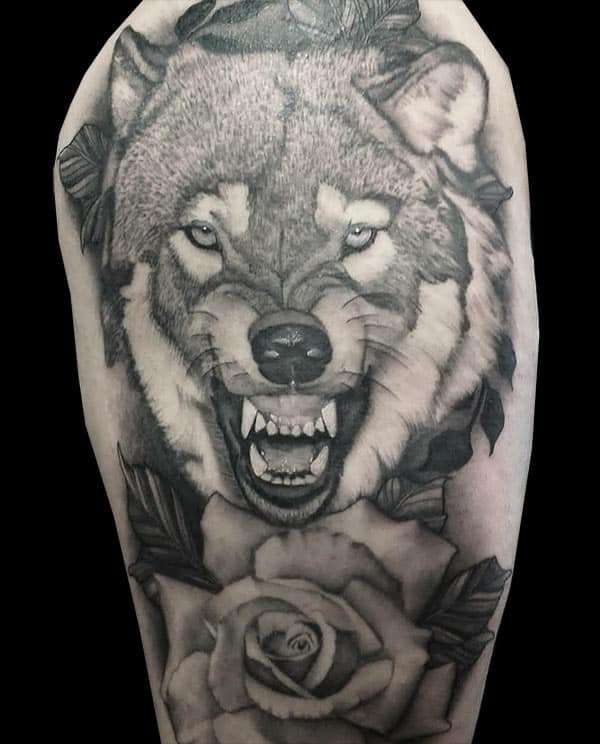 wolf rose realism tattoo