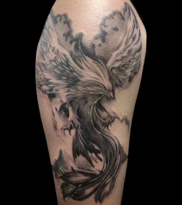 black and grey phoenix tattoo