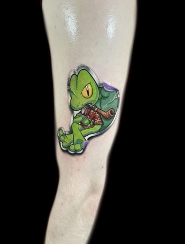 frog sticker tattoo,Danny DaVinci, Artist, Revolt Tattoos