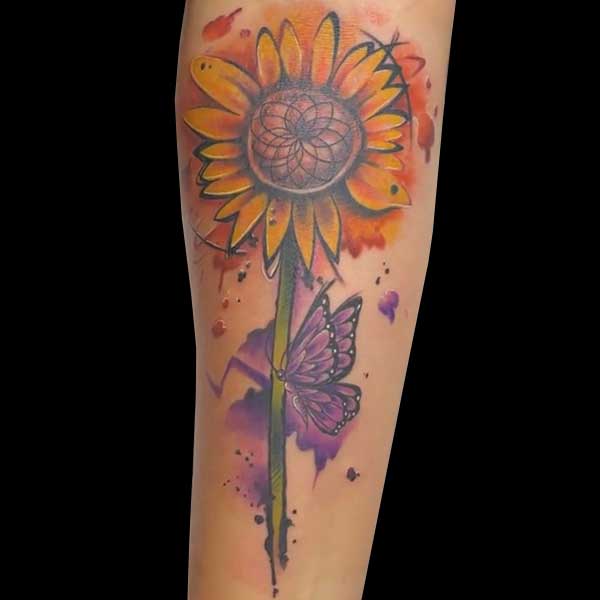 sunflower butterfly watercolor tattoo