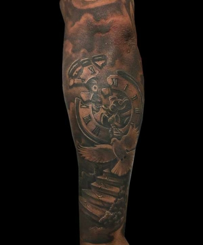 pocketwatch dove tattoo, Danny DaVinci, Artist, Revolt Tattoos