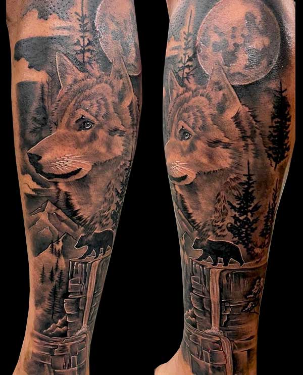wolf waterfall tattoo
