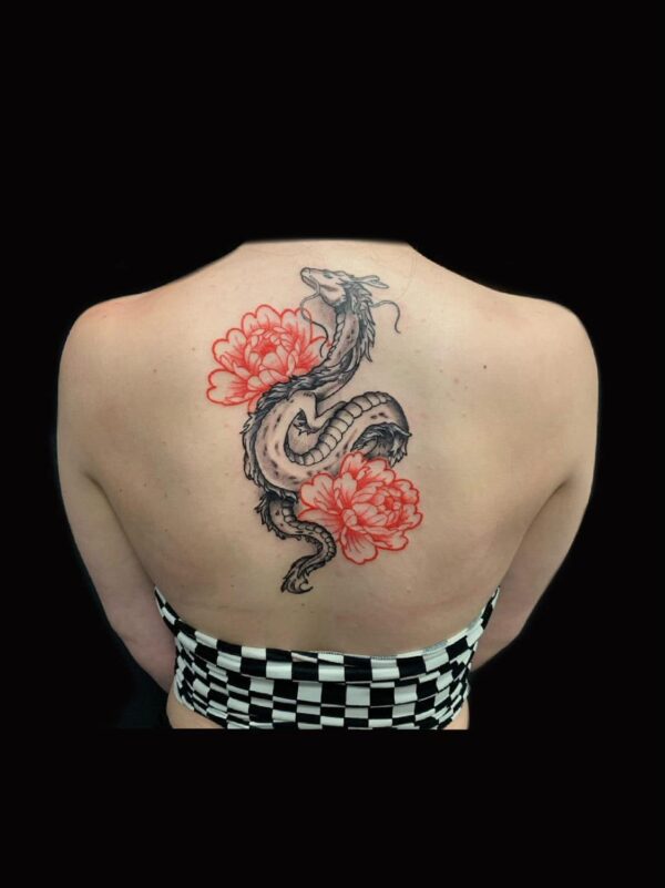 dragon peony back tattoo, Russell Loo, Artist at Revolt Tattoos