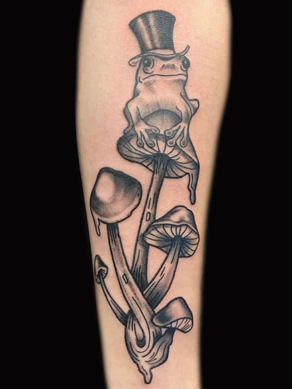 frog and mushroom tattoo, Russell Loo, Artist at Revolt Tattoos