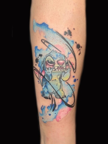 Stitch watercolor tattoo, Russell Loo, Artist at Revolt Tattoos