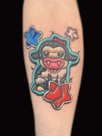 Cow stars sticker patch tattoo, Russell Loo, Artist at Revolt Tattoos