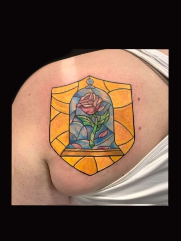 Stained glass window with rose tattoo, Russell Loo, Artist at Revolt Tattoos