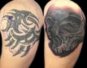 tribal skull coverup tattoo