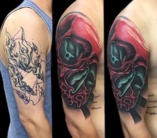 flames skull coverup