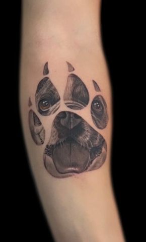 realistic dog portrait paw print tattoo