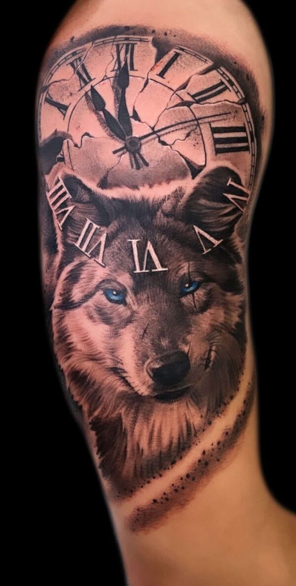 wolf and clock tattoo