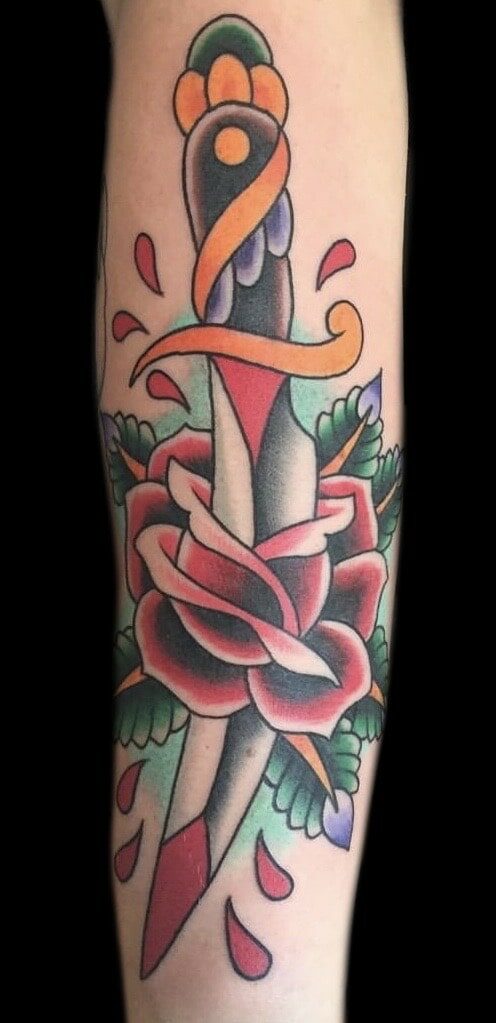 traditional dagger rose tattoo
