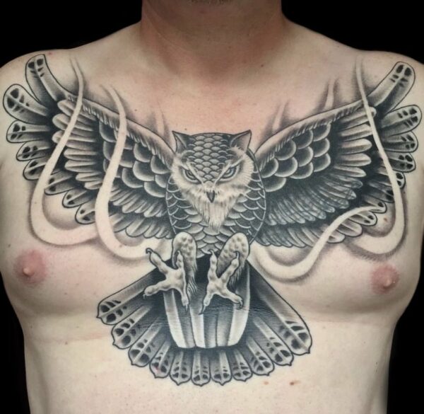 owl traditional chest tattoo