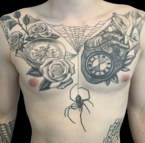 photorealistic spider, rose, anatomical heart tattoo