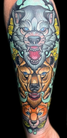 neotraditional tiger, fox, and wolf tattoo