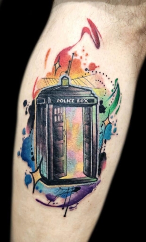 Police box watercolor tattoo