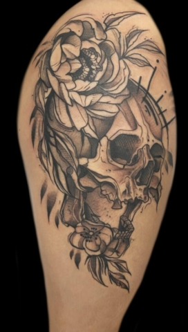 Skull flower tattoo