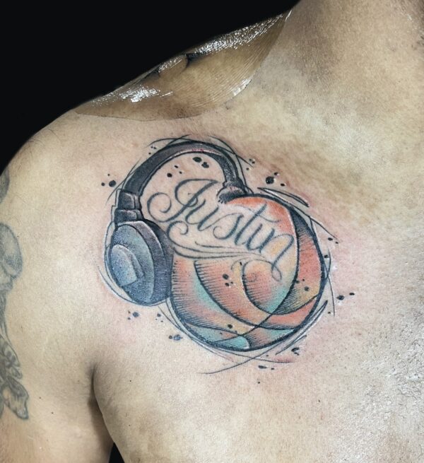 basketball music watercolor tattoo, Danny DaVinci, Artist, Revolt Tattoos