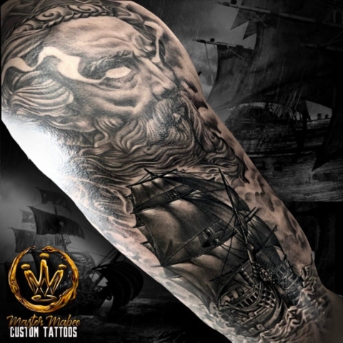 Poseidon and ship realistic tattoo