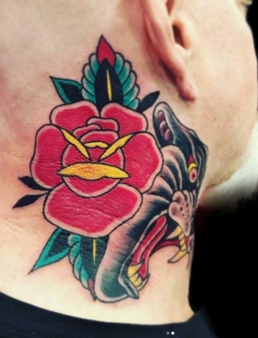 traditional rose and panther neck tattoo