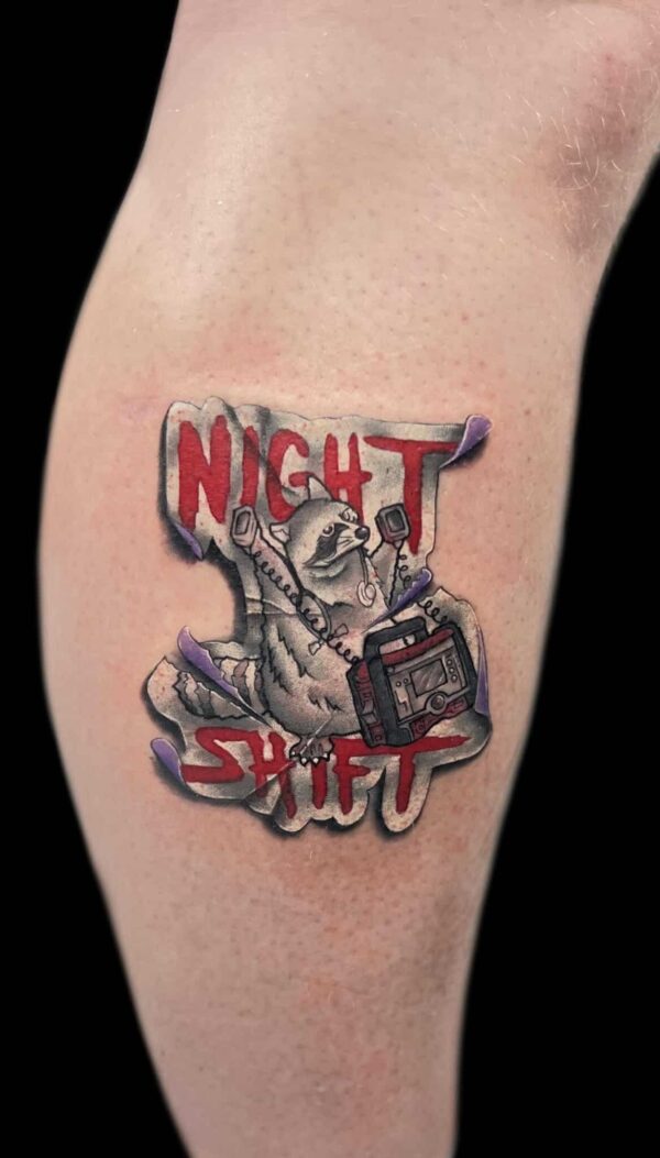 night shift sticker tattoo, Danny DaVinci, Artist, Revolt Tattoos