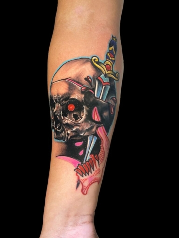 skull and dagger tattoo, Tattoo by Chris Beck, artist at Revolt Tattoos