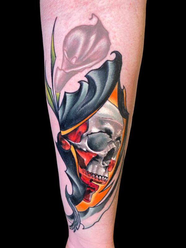skull and flower tattoo design, Tattoo by Chris Beck, artist at Revolt Tattoos