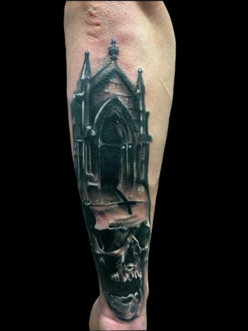 horror skull church tattoo, Tattoo by Chris Beck, artist at Revolt Tattoos
