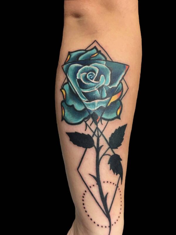 color rose tattoo design, geometric tattoo design, Tattoo by Chris Beck, artist at Revolt Tattoos