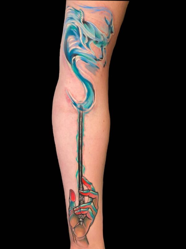 wand and hand tattoo, Tattoo by Chris Beck, artist at Revolt Tattoos