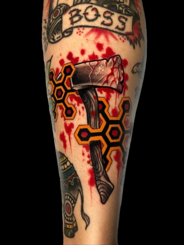 the shining axe color tattoo, Tattoo by Chris Beck, artist at Revolt Tattoos
