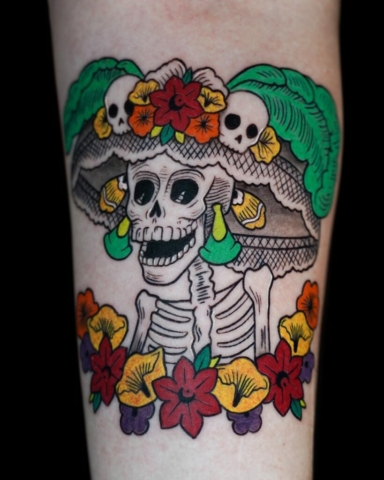 day of the dead graphic tattoo, Demi DiMartino, artist at Revolt Tattoos