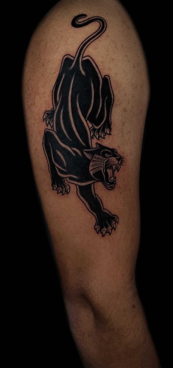traditional panther tattoo, Demi DiMartino, artist at Revolt Tattoos