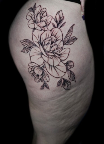 floral thigh piece tattoo, Demi DiMartino, artist at Revolt Tattoos