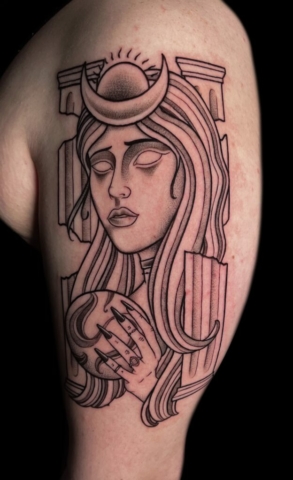neotraditional black and grey tattoo, Demi DiMartino, artist at Revolt Tattoos