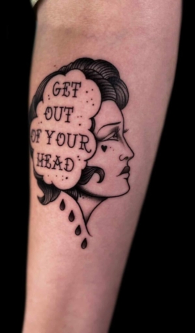traditional lettering tattoo, Demi DiMartino, artist at Revolt Tattoos