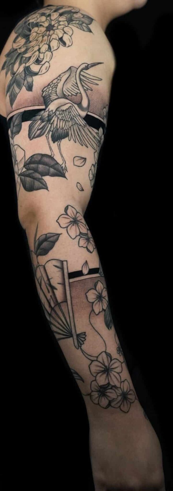 japanese cherry blossom crane full sleeve tattoo, Demi DiMartino, artist at Revolt Tattoos
