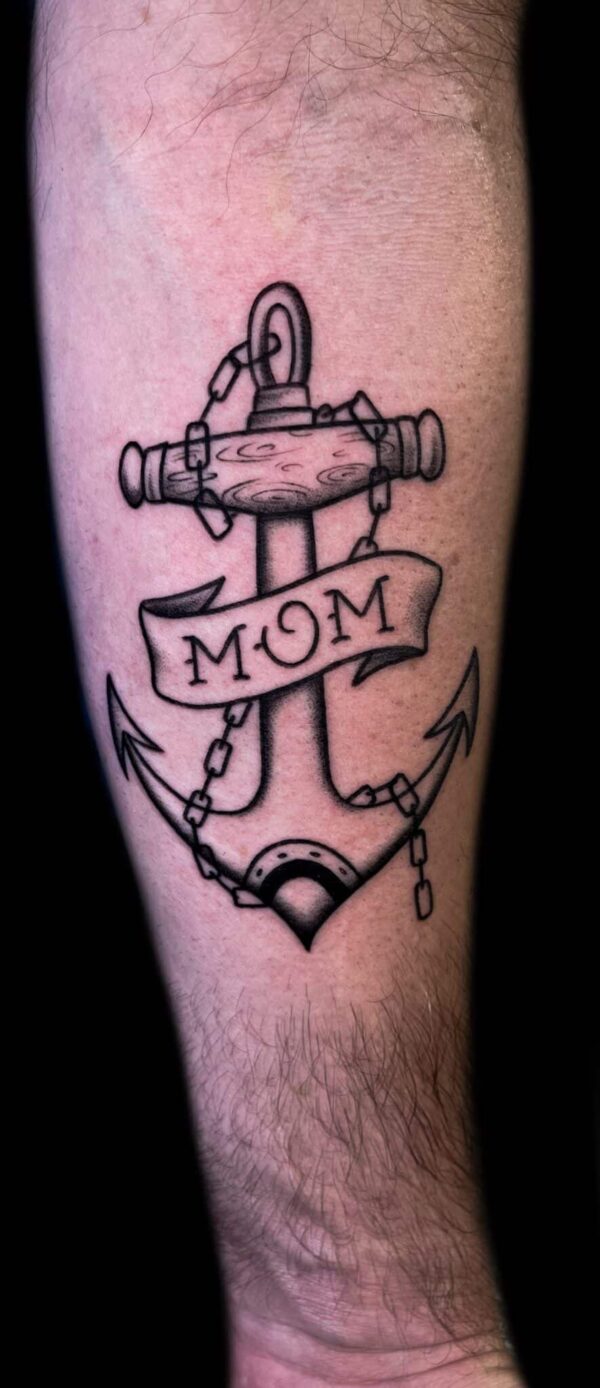 mom anchor tattoo,Demi DiMartino, artist at Revolt Tattoos