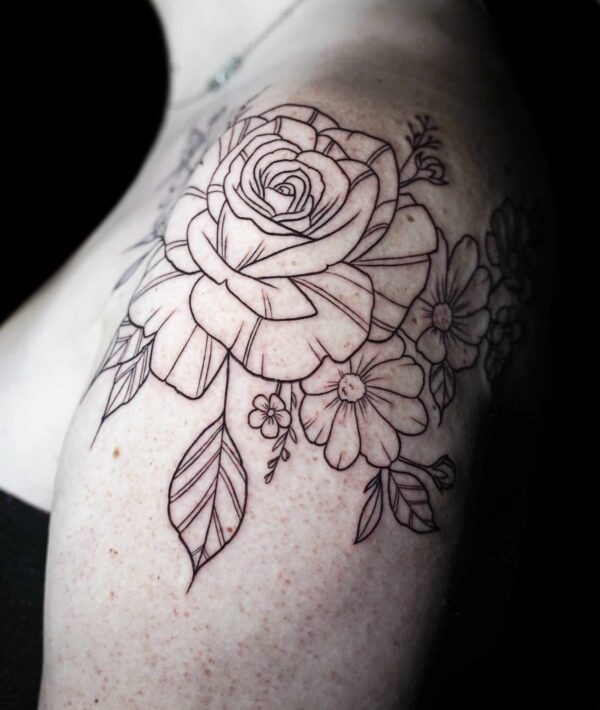 floral outline shoulder tattoo, Demi DiMartino, artist at Revolt Tattoos