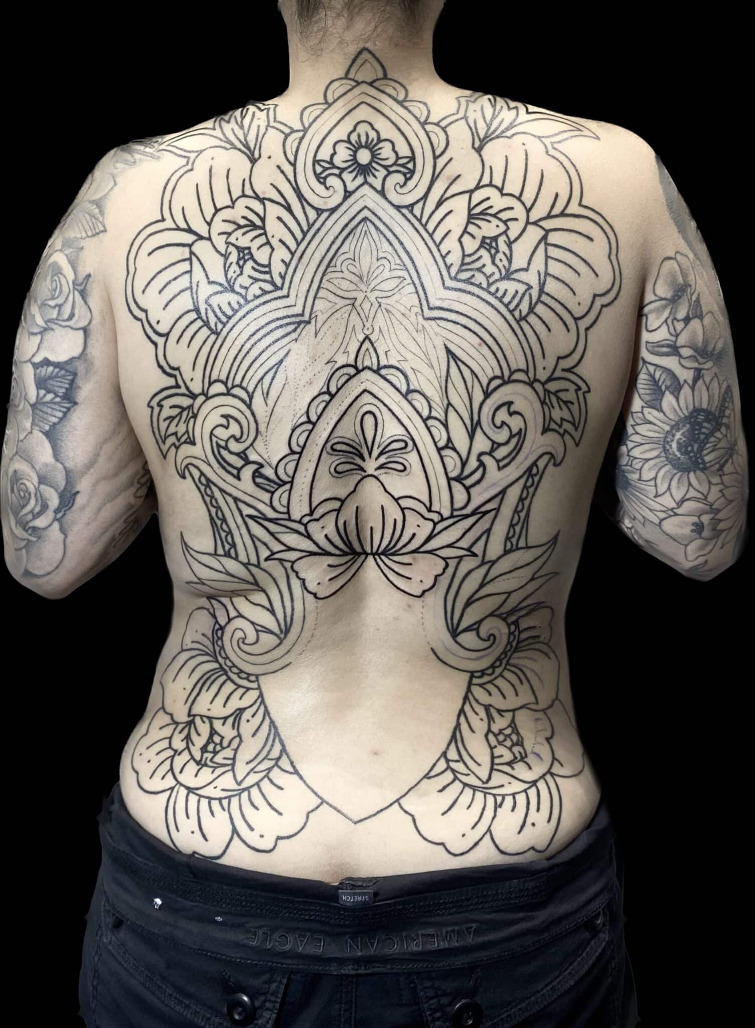 black and grey linework tattoo, backpiece, Jackie Gutierrez , Tattoo Artist at Revolt Tattoos in Las Vegas