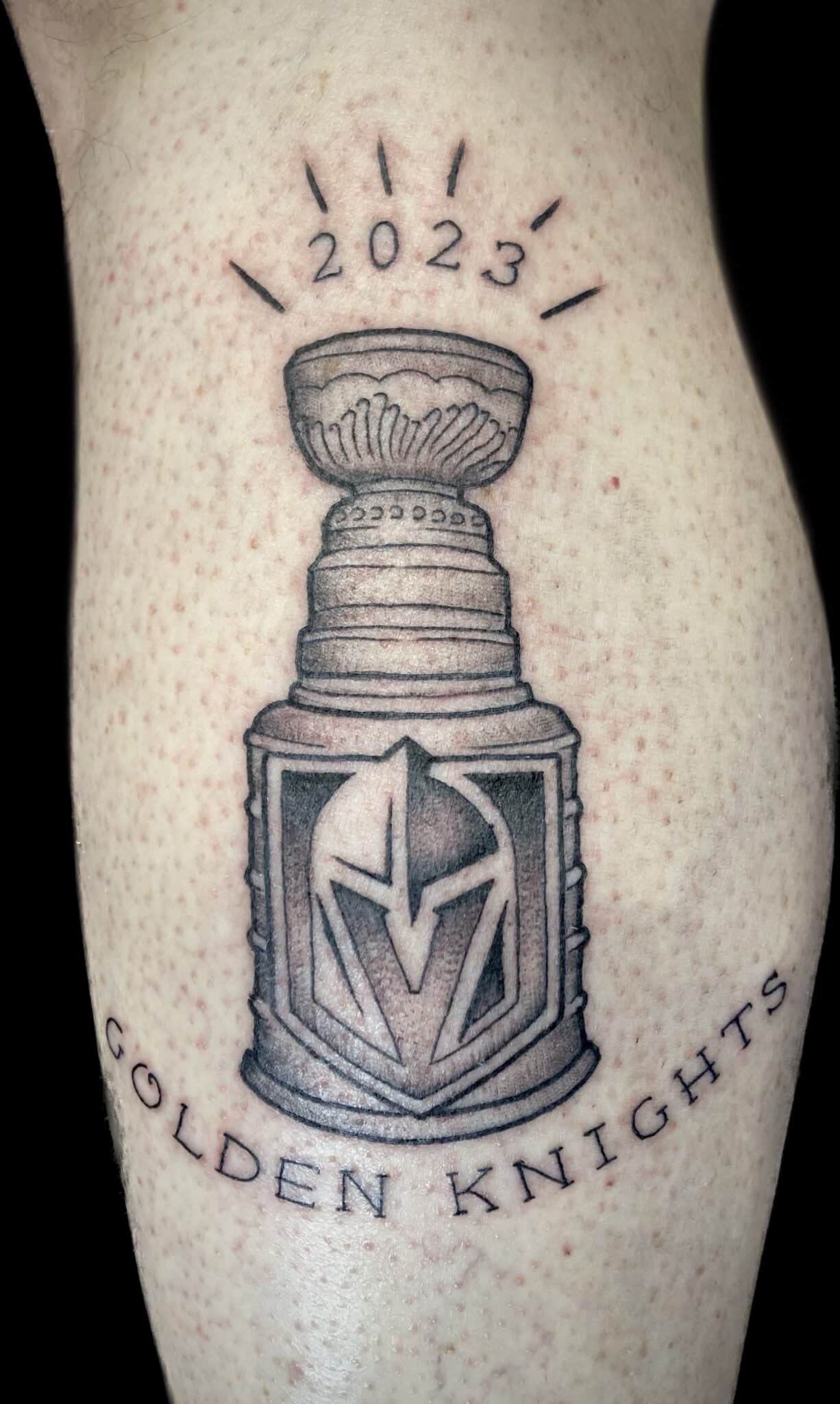 black and grey VGK stanley cup tattoo, Jackie Gutierrez , Tattoo Artist at Revolt Tattoos in Las Vegas