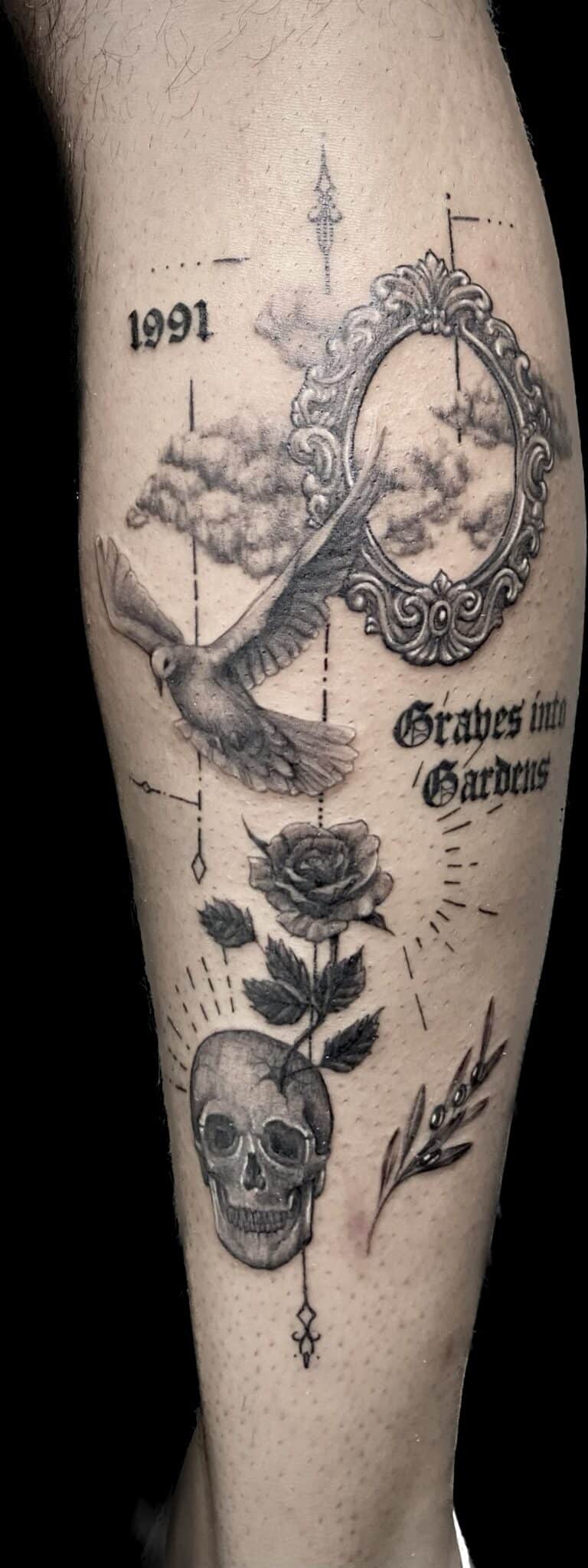 black and grey dove, skull, custom tattoo Jackie Gutierrez , Tattoo Artist at Revolt Tattoos in Las Vegas