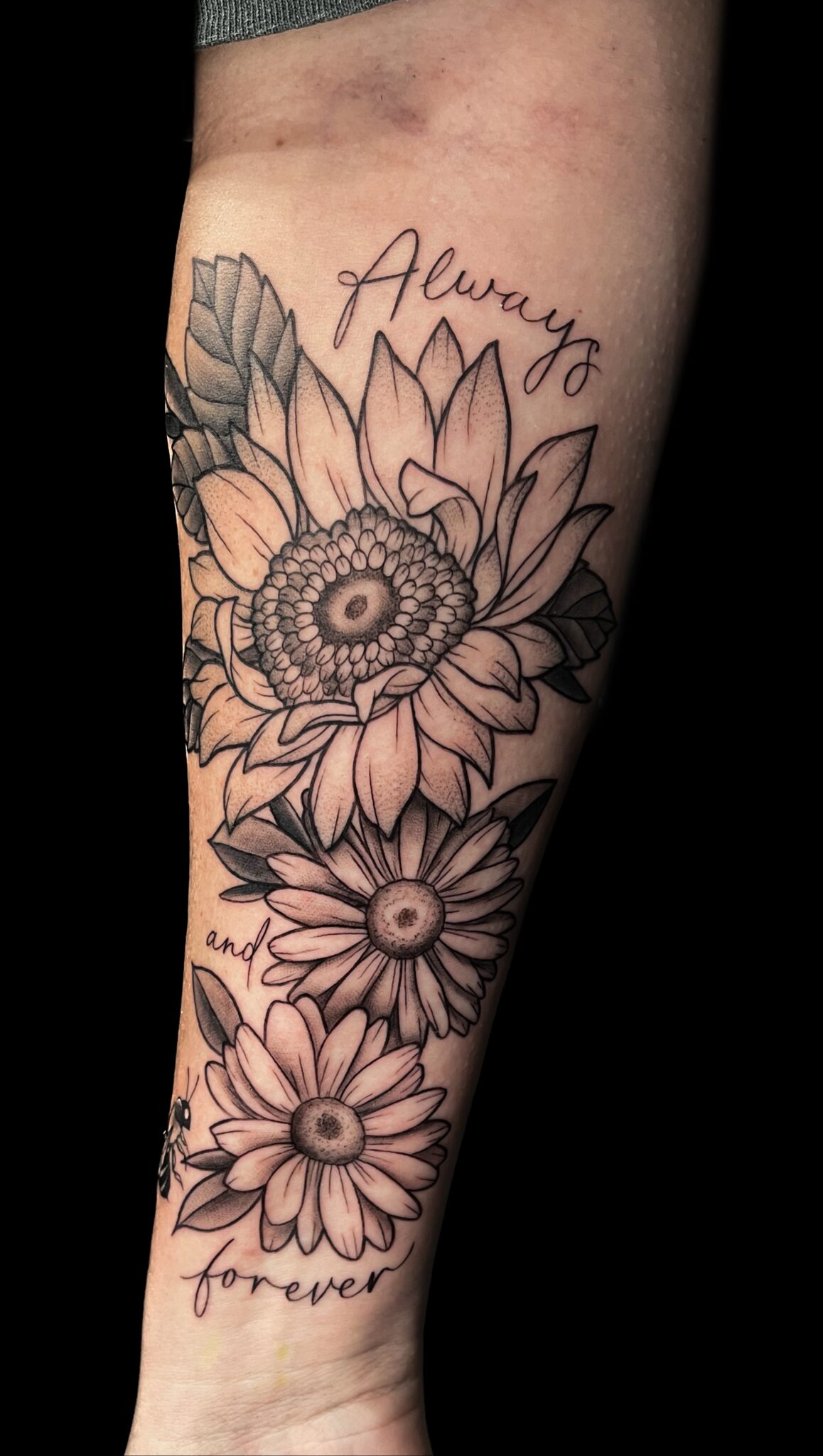 Sunflower black and grey tattoo, Demi DiMartino, artist at Revolt Tattoos