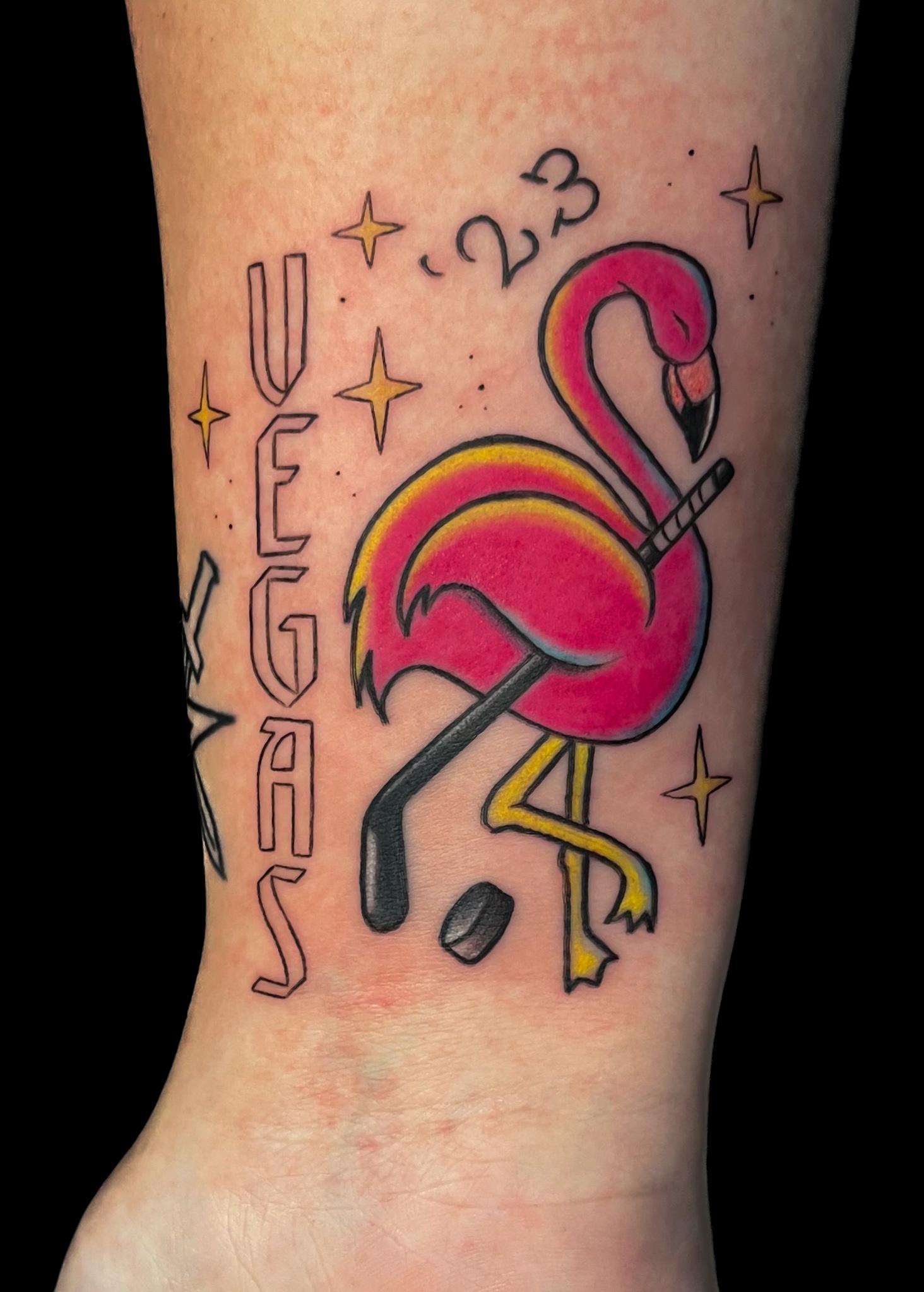 Vegas flamingo tattoo, Demi DiMartino, artist at Revolt Tattoos