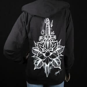 Revolt Tattoos Dagger zip hoodie womens back