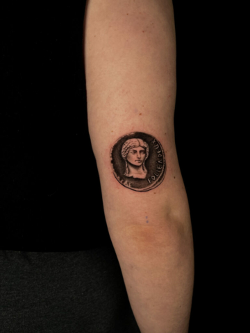 realistic coin tattoo, Demi DiMartino, artist at Revolt Tattoos